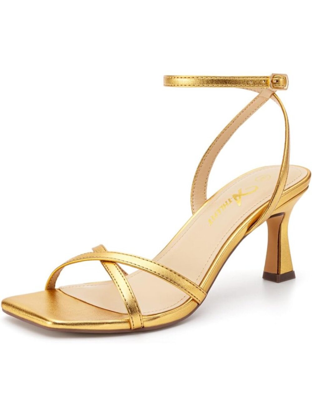 Women's Gold Kitten Heels Square Open Toe Strappy High Heels 2.75" Ankle Strap